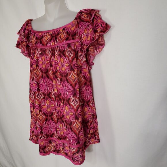 Notations Top Womens Large Floral Pink Orange Pullover Square Neck Short Flutter - Picture 4 of 10